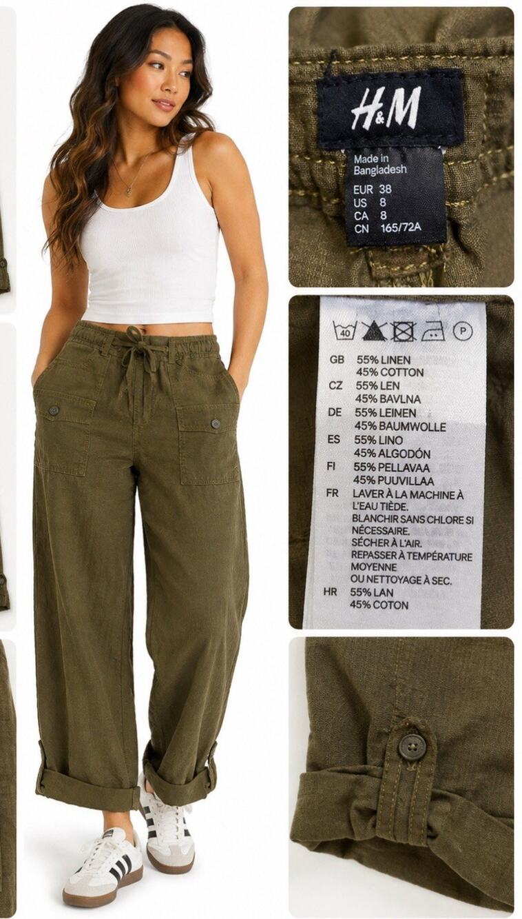 Boho Coastal Breathable H&M Women's Wide Leg Cargo Pants Sz 8 Olive Green Linen